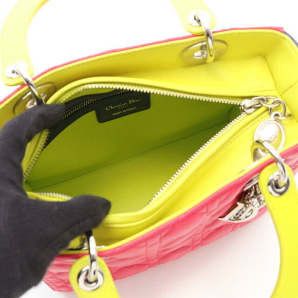 Dior Lady Dior Cannage Leather Handbag Pink Yellow Blue - Picture 3 of 8